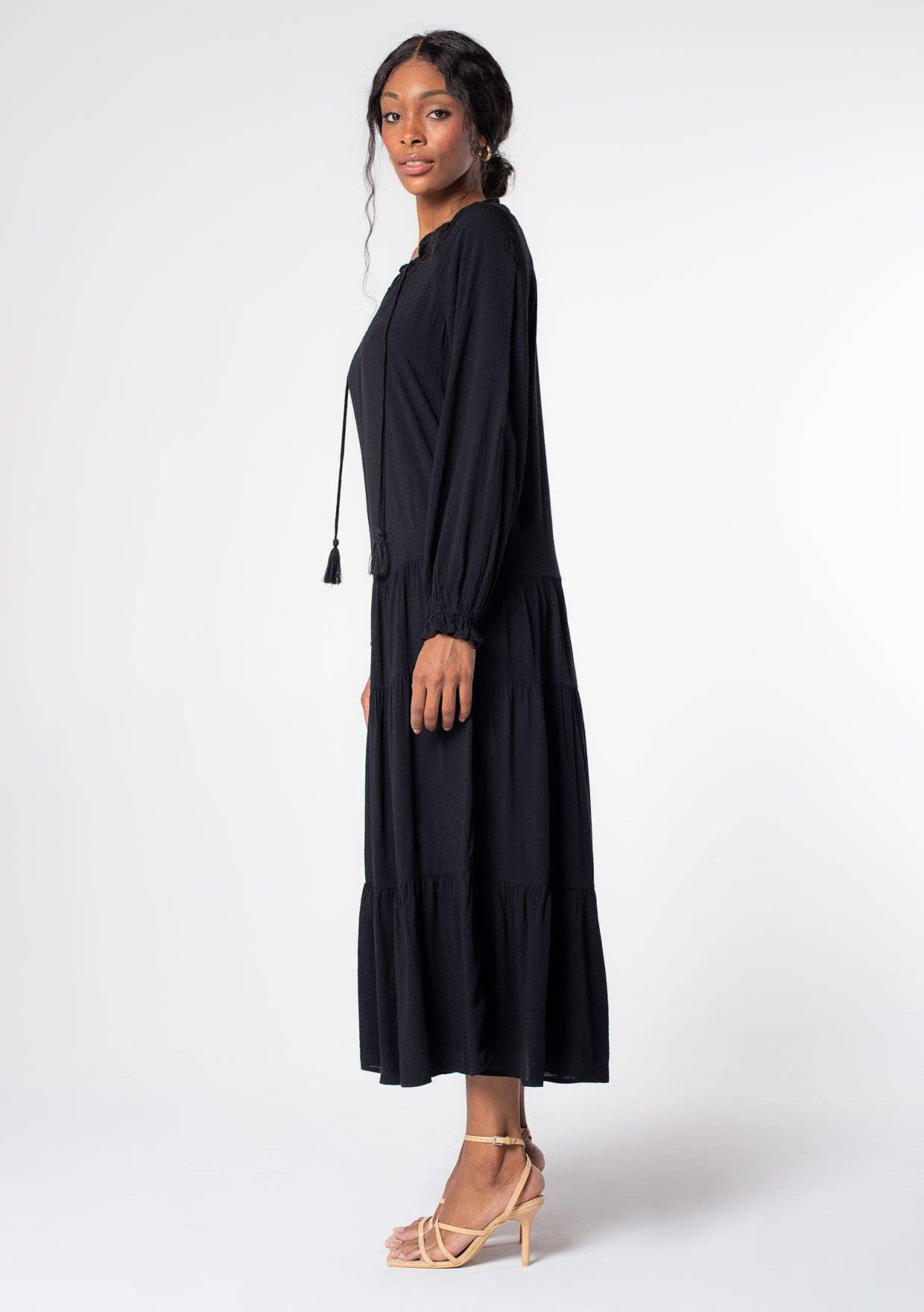 Bohemian Solid Tiered Long Sleeve Midi Dress