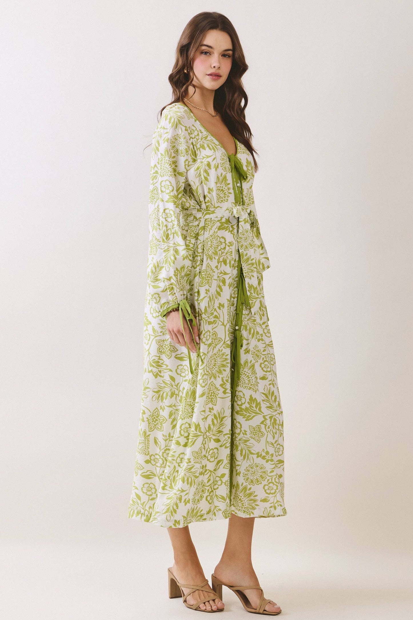 Floral Tie Front Button Placket Down Midi Dress