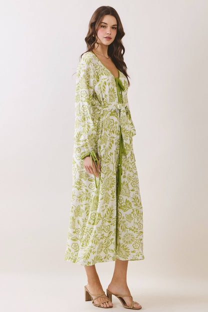 Floral Tie Front Button Placket Down Midi Dress
