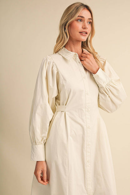 BUTTON DOWN BELTED MIDI DRESS CREAM