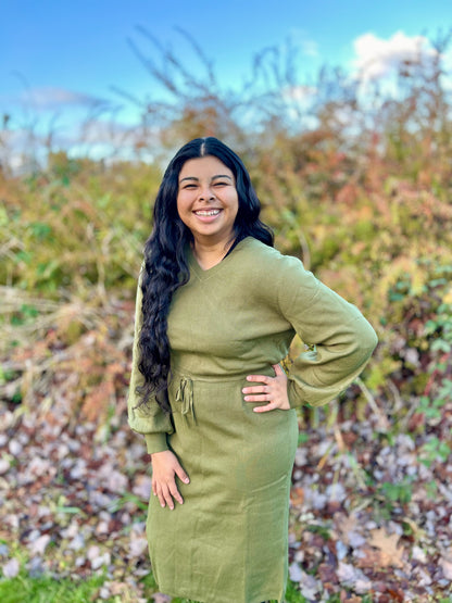 Green Drawstring Sweater Midi Dress