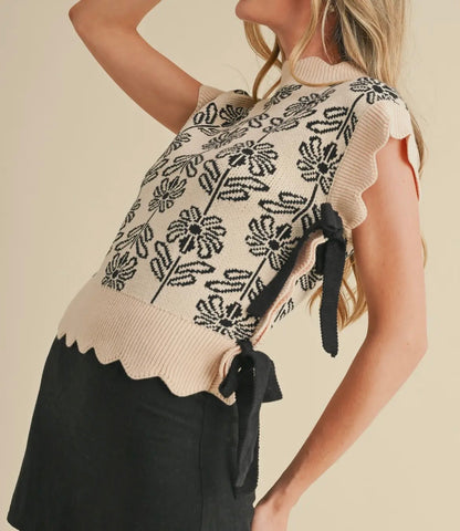 Black/Cream Floral Side Tie Sweater