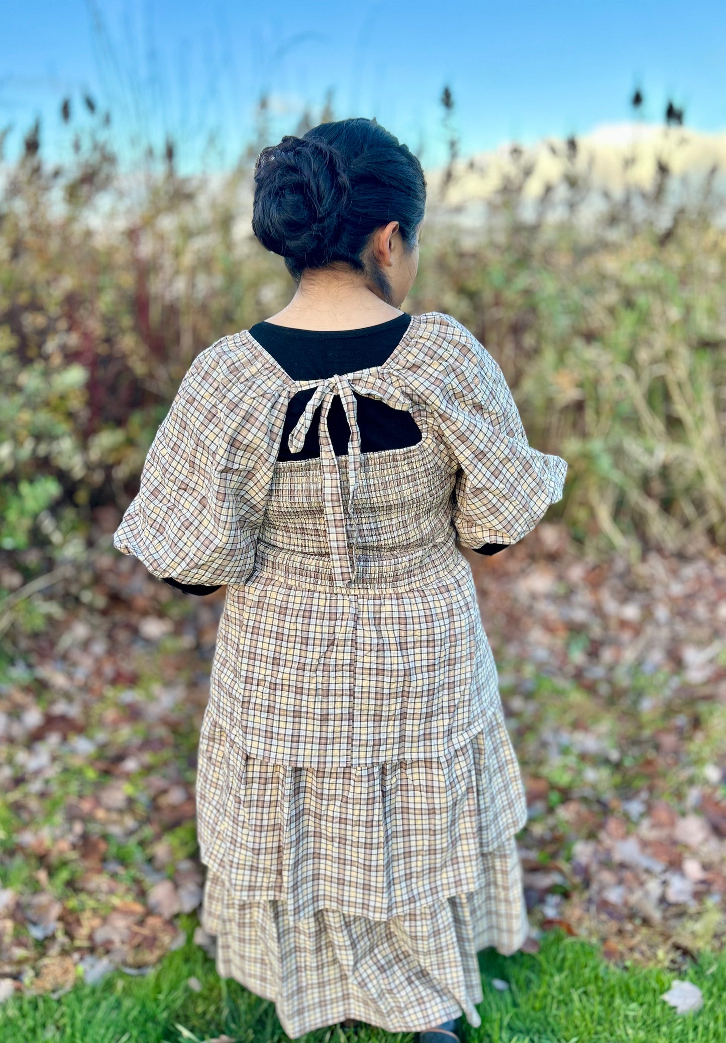 Plus Crinkled Plaid Smocked Top Midi Dress