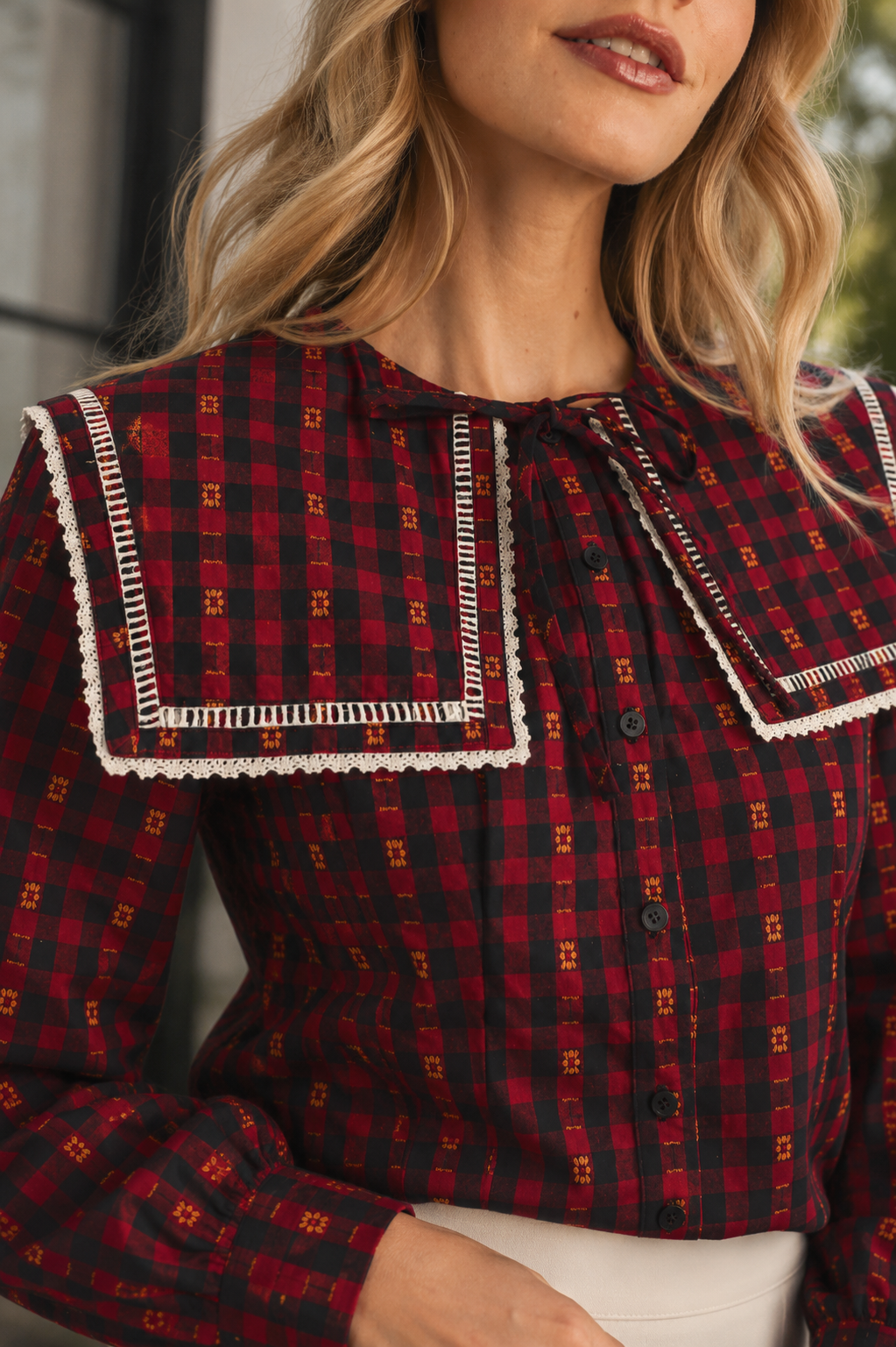 Plaid Red Black White Scallop Lace Peter Pan Oversize Collar Blouse