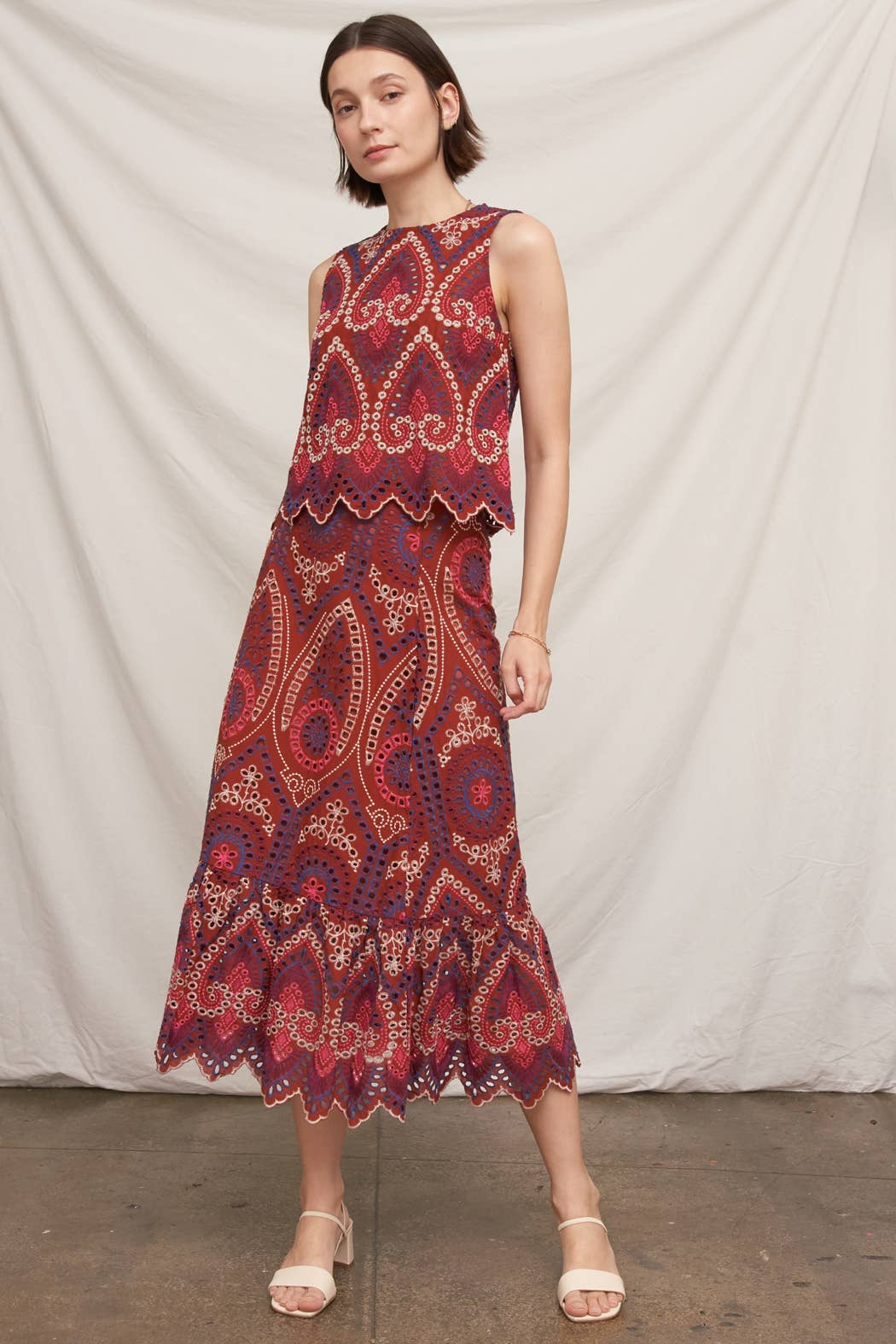 Eyelet Embroidered Blouse and Midi Skirt with Uneven Hem Scallop