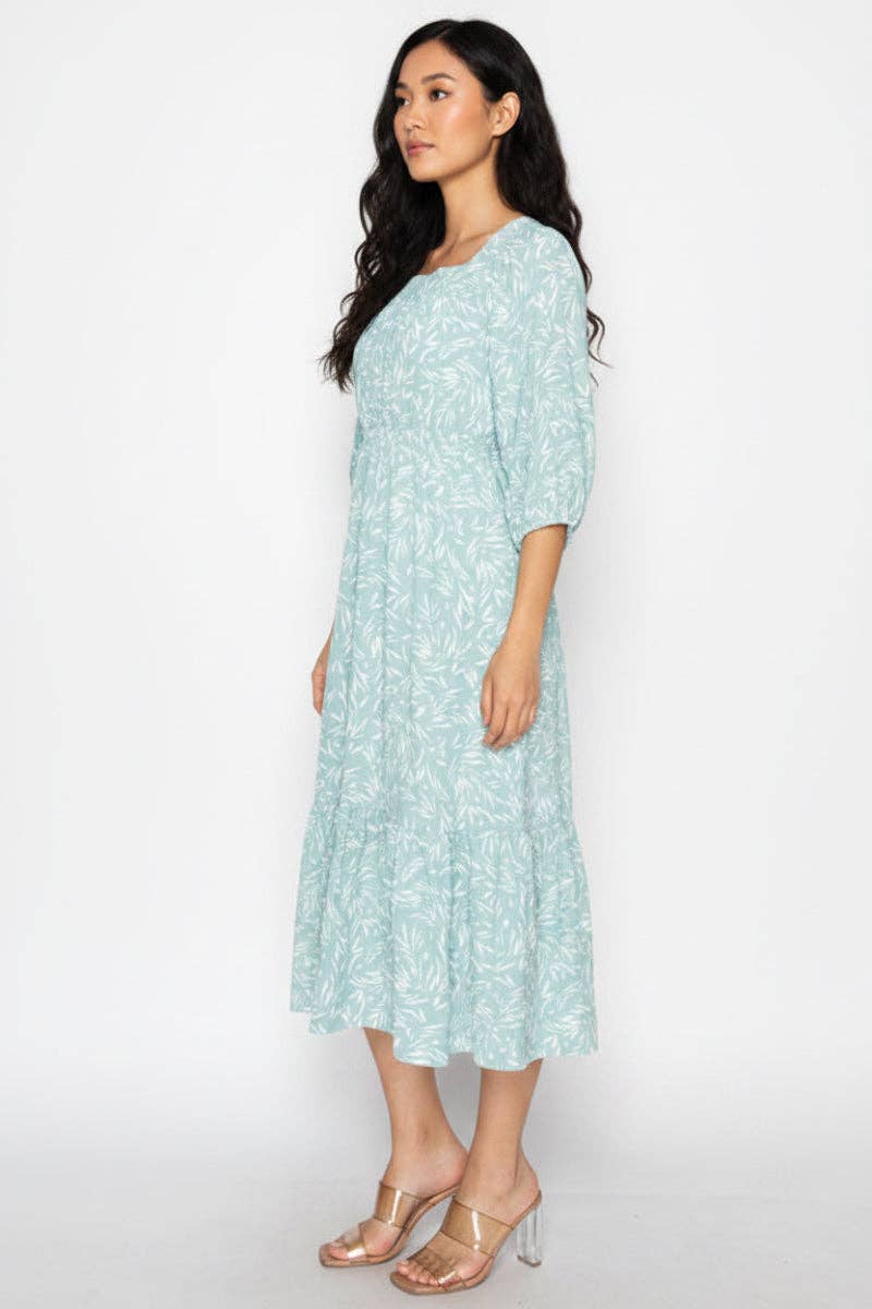 SQUARE NECKL 3/4 SLEEVES, MIDI DRESS