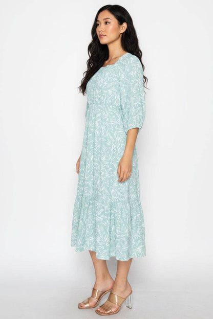 SQUARE NECKL 3/4 SLEEVES, MIDI DRESS