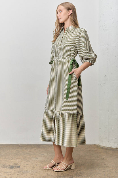 STRIPED CONTRAST SIDE RIBBON MIDI DRESS