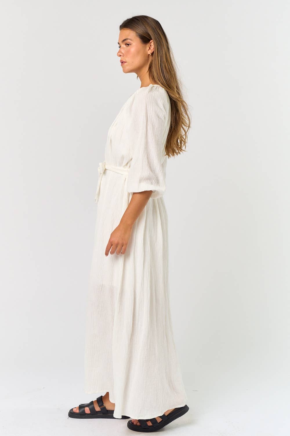 Puff Sleeve Linen Button Down Belted Maxi Dress