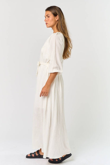 Puff Sleeve Linen Button Down Belted Maxi Dress