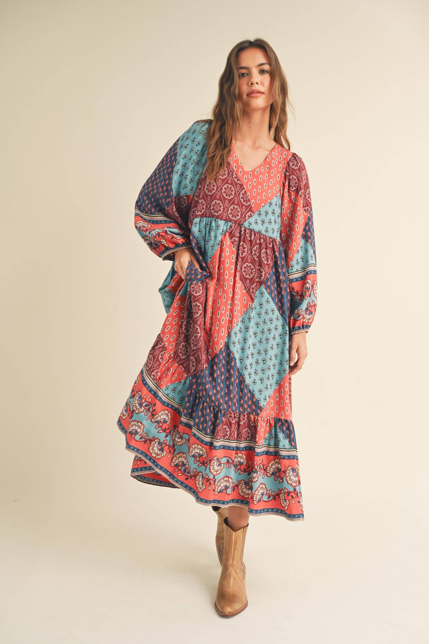 PATCHWORK PRINT BALLOON SLEEVE MIDI DRESS