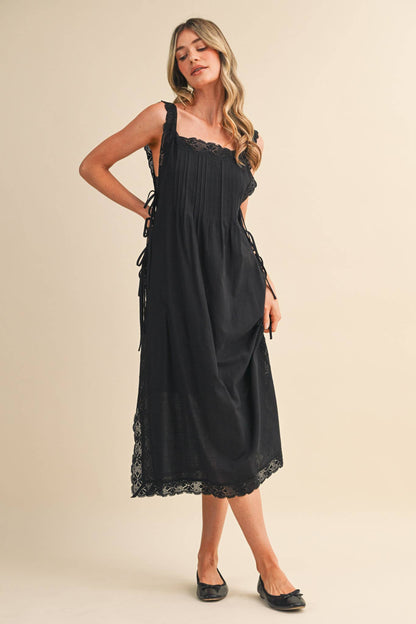 COTTON LACE TRIM SIDE TYING MIDI DRESS BLACK WHITE