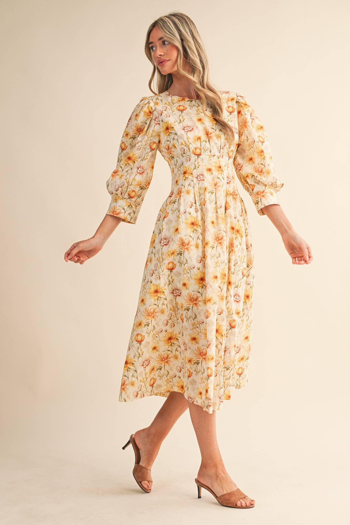 Yellow Floral Pleated Waist Midi Dress