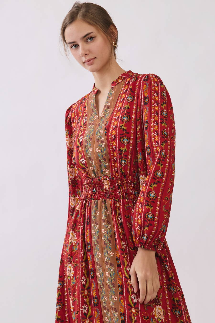 Red Multi Color V Neck Floral Border Print Tiered Midi Dress
