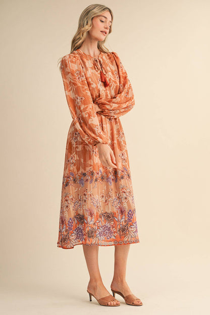 EXCLUSIVE FLORAL BORDER PRINT MIDI DRESS