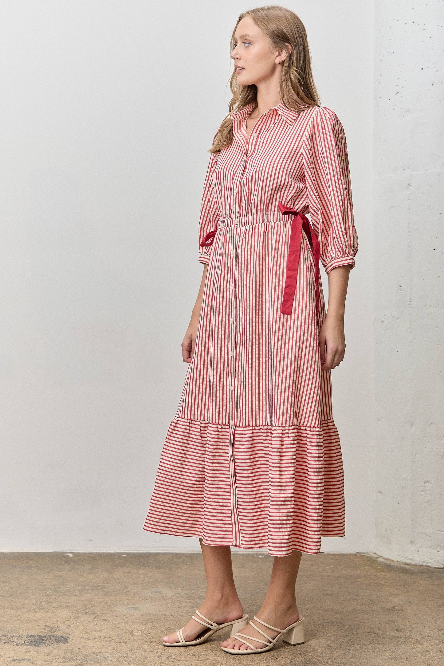 STRIPED CONTRAST SIDE RIBBON MIDI DRESS