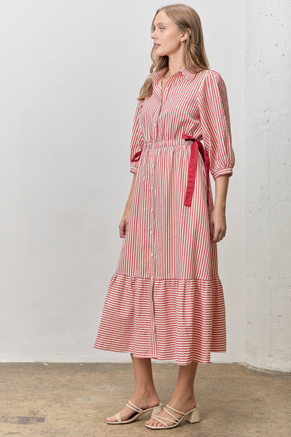 STRIPED CONTRAST SIDE RIBBON MIDI DRESS
