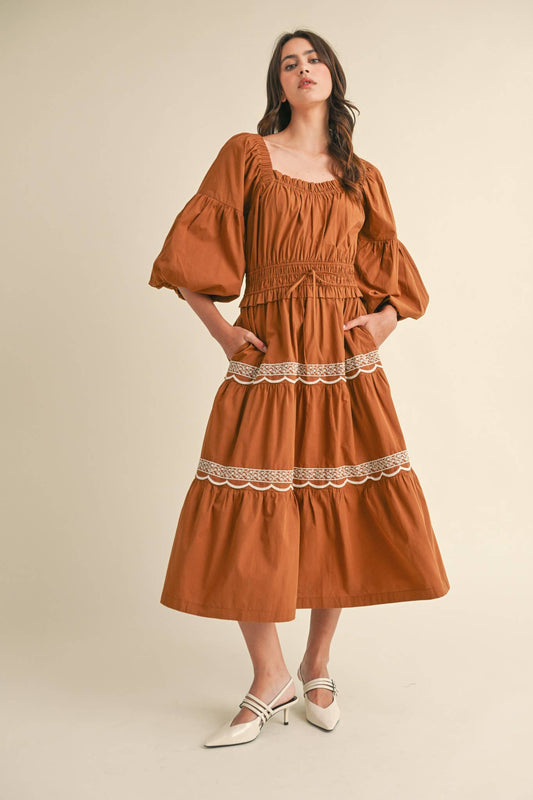 EMBROIDERED LACE TRIM MIDI DRESS RUST