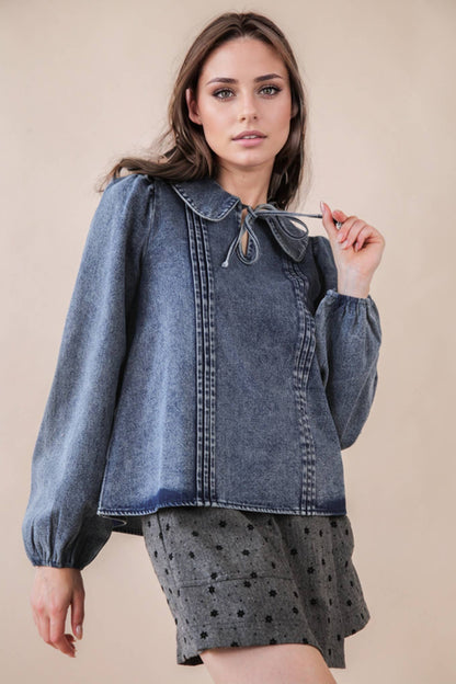 Mineral Washed Chambray Denim Blouse Top