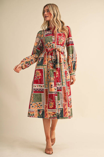 PATCHWORK PRT EMBELLISHED BUTTON DWN BELTED MIDI DREss