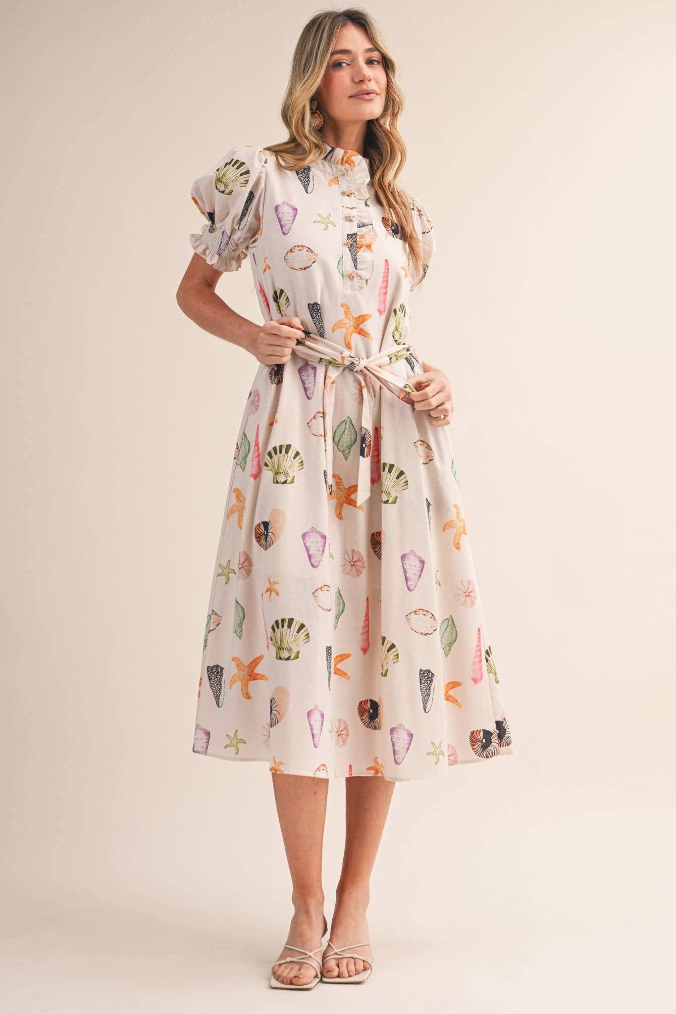 SEASHELL PRINT RUFFLE COLLAR BELTED MIDI DRESS