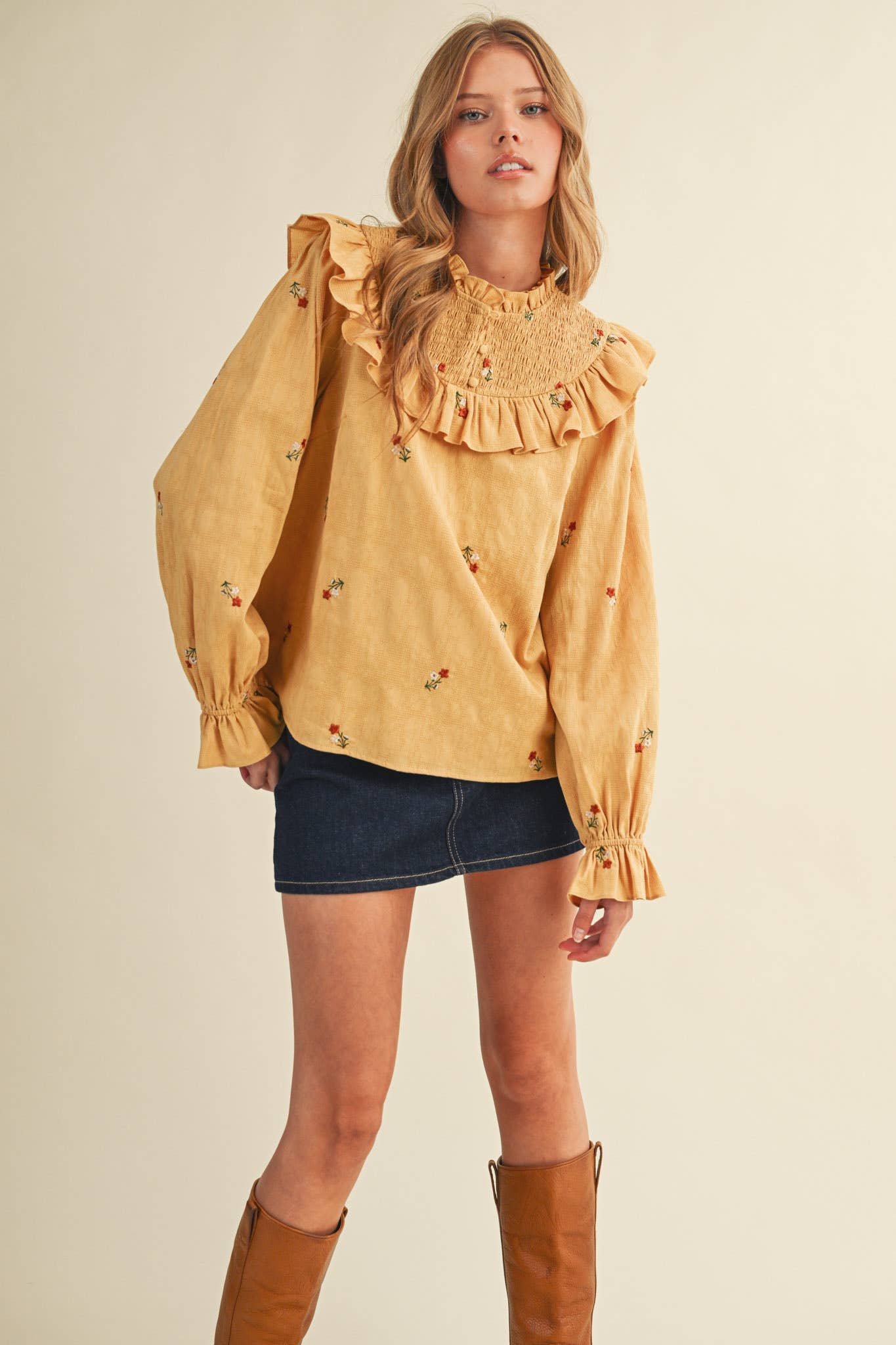 RUFFLED SMOCKED YOKE EMBROIDERED BLOUSE Multiple Color - PRE ORDER
