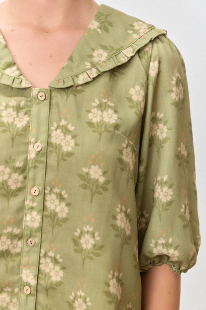 OLIVE GREEN PETER PAN FLORAL PRINT COLLARED BUTTON DOWN SHORT SLEEVE TOP SKIRT SET