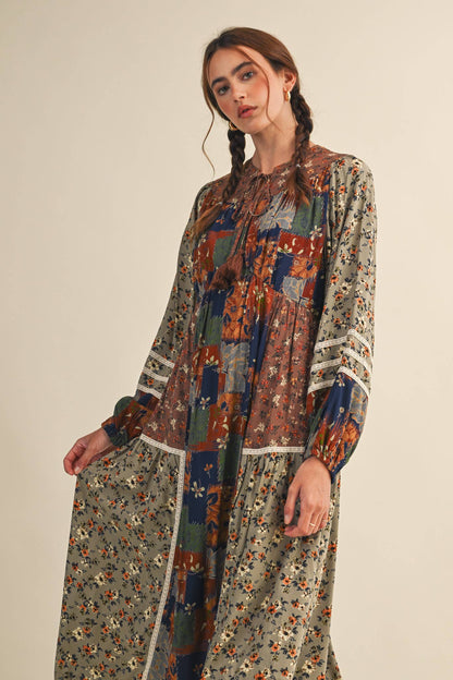 MIXED FLORAL PATCHWORK MIDI DRESS WITH LACE TRIM MDR4135
