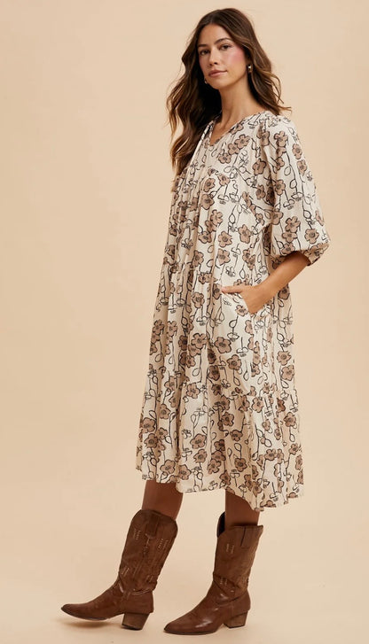 Cartoon Floral Midi Lace Front Midi Dress