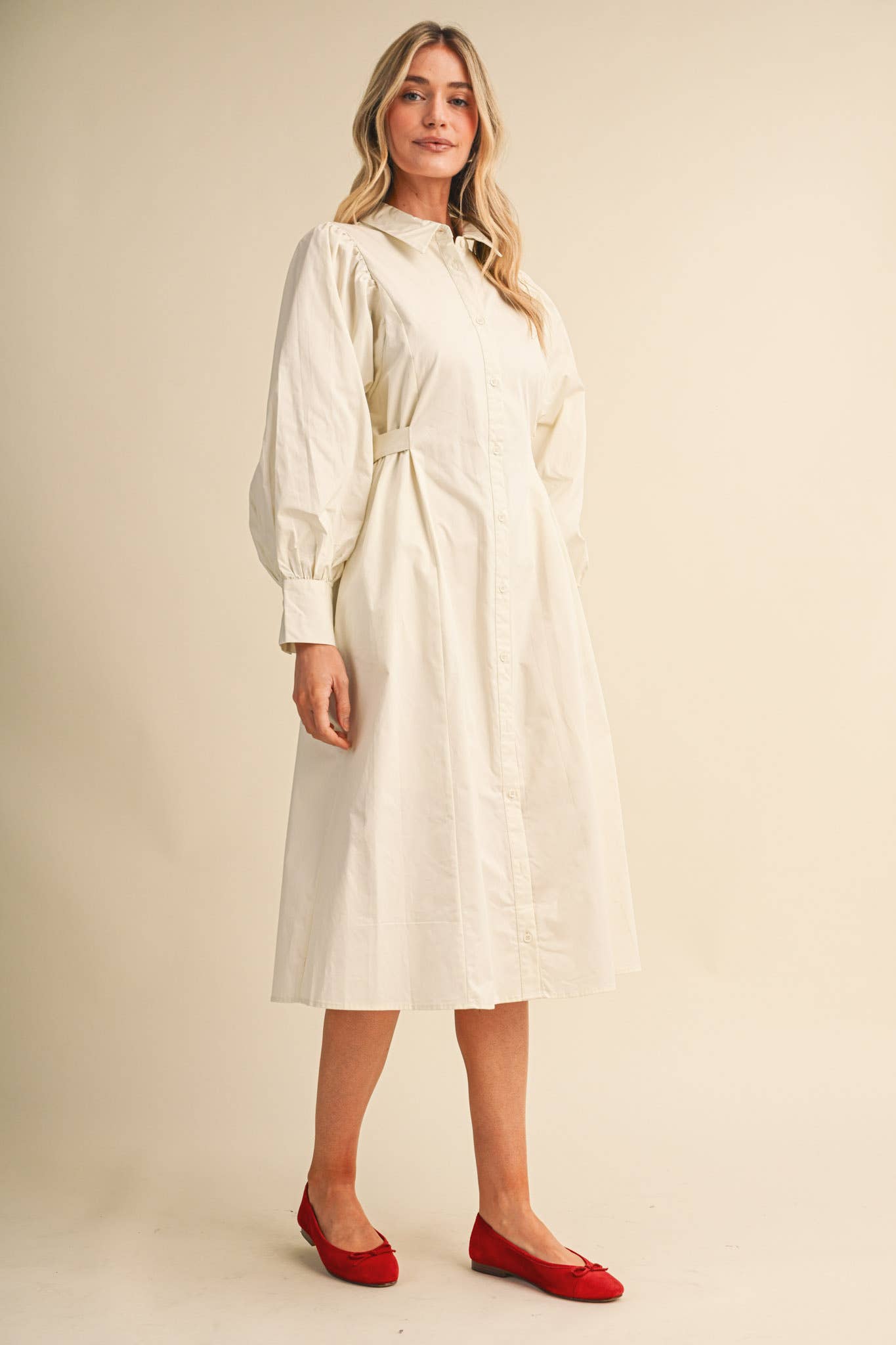 BUTTON DOWN BELTED MIDI DRESS CREAM