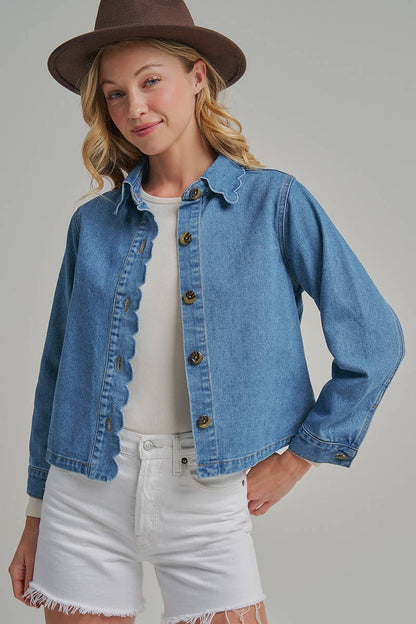 FALL DENIM BUTTON DOWN JACKET WITH SCALLOP EMBROIDERY COLLAR
