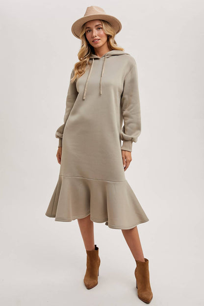 FLOUNCE HEM HOODIE SWEATSHIRT MIDI DRESS