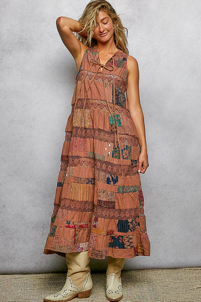 V-neck Lace Trim Patchwork Boho Sleeveless Roomy Pol Fit Dress