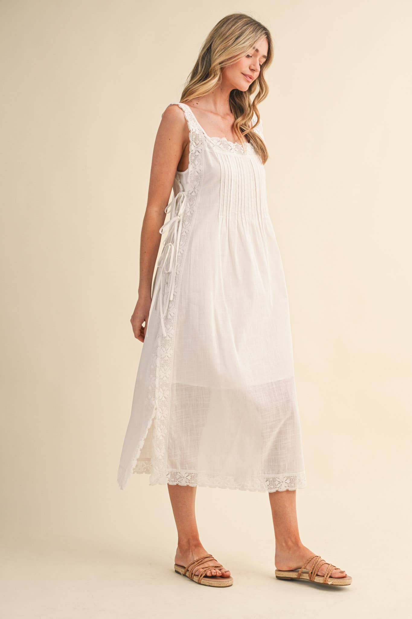 COTTON LACE TRIM SIDE TYING MIDI DRESS BLACK WHITE
