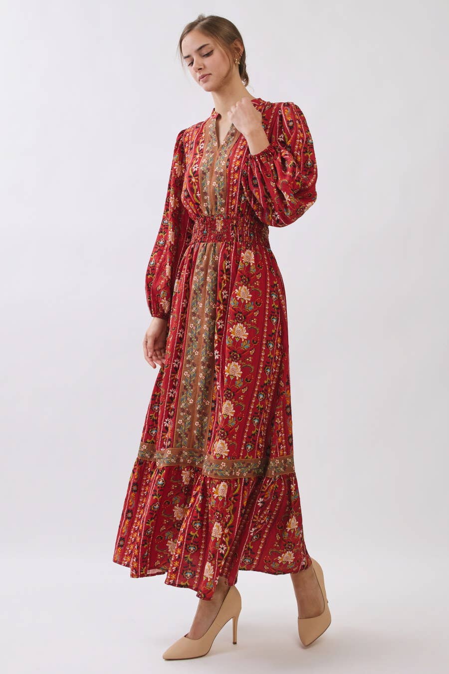Red Multi Color V Neck Floral Border Print Tiered Midi Dress