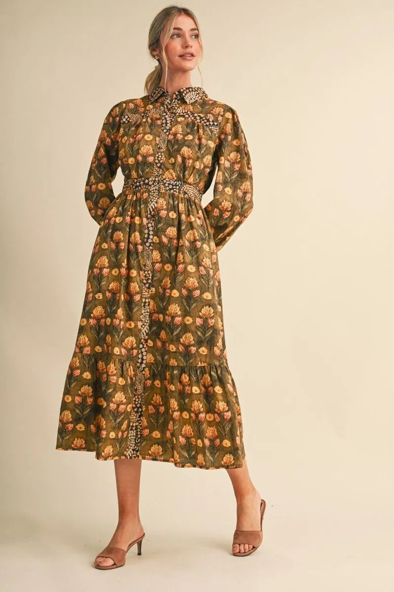 Olive Brown Floral Print Midi Dress