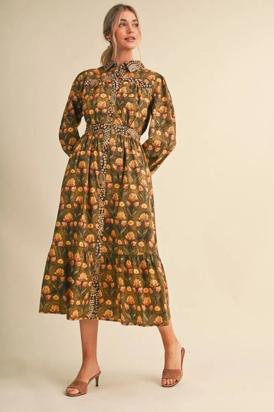 Olive Brown Floral Print Midi Dress