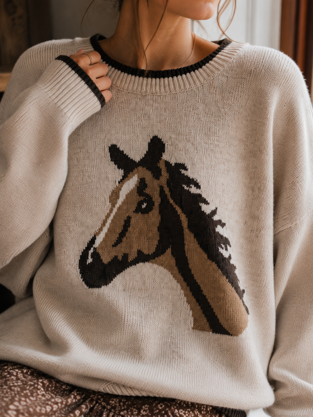 Oversized Trimmed Cream Brown Horse Knit Sweater
