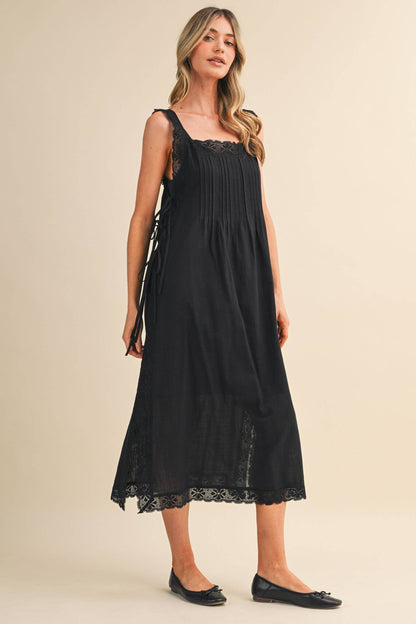 COTTON LACE TRIM SIDE TYING MIDI DRESS BLACK WHITE