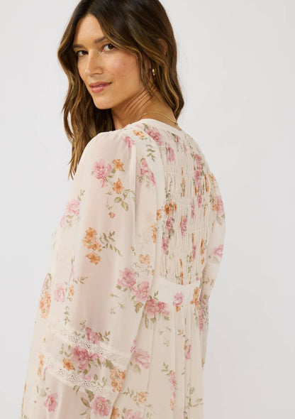 Pink Floral Lace Front Flowy Midi Dress