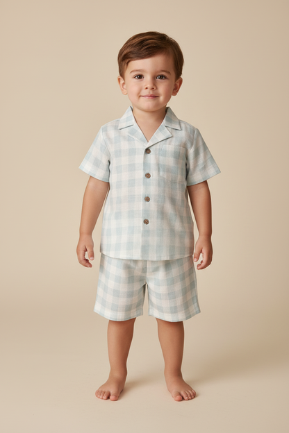 Kids' Unisex Blue Checks Cotton Shirt & Shorts Set with Wooden Buttons