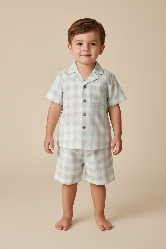 Kids' Unisex Blue Checks Cotton Shirt & Shorts Set with Wooden Buttons
