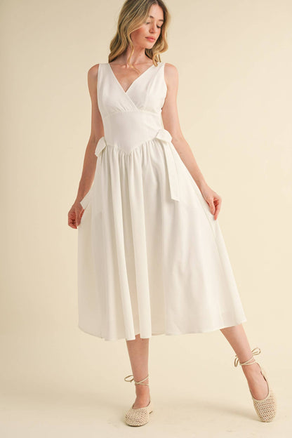 SIDE BOW DETAIL BASQUE WAIST MIDI DRESS