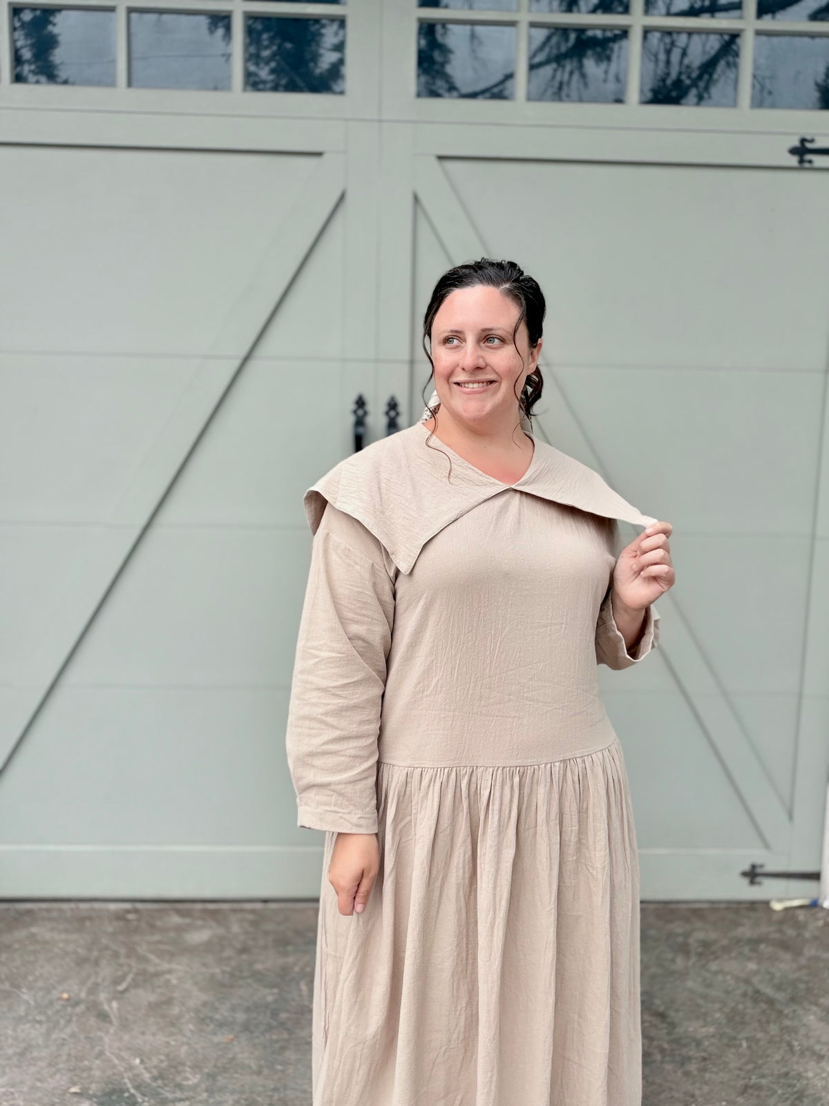 Peter Pan Collared Long Sleeve Midi Dress Oatmeal