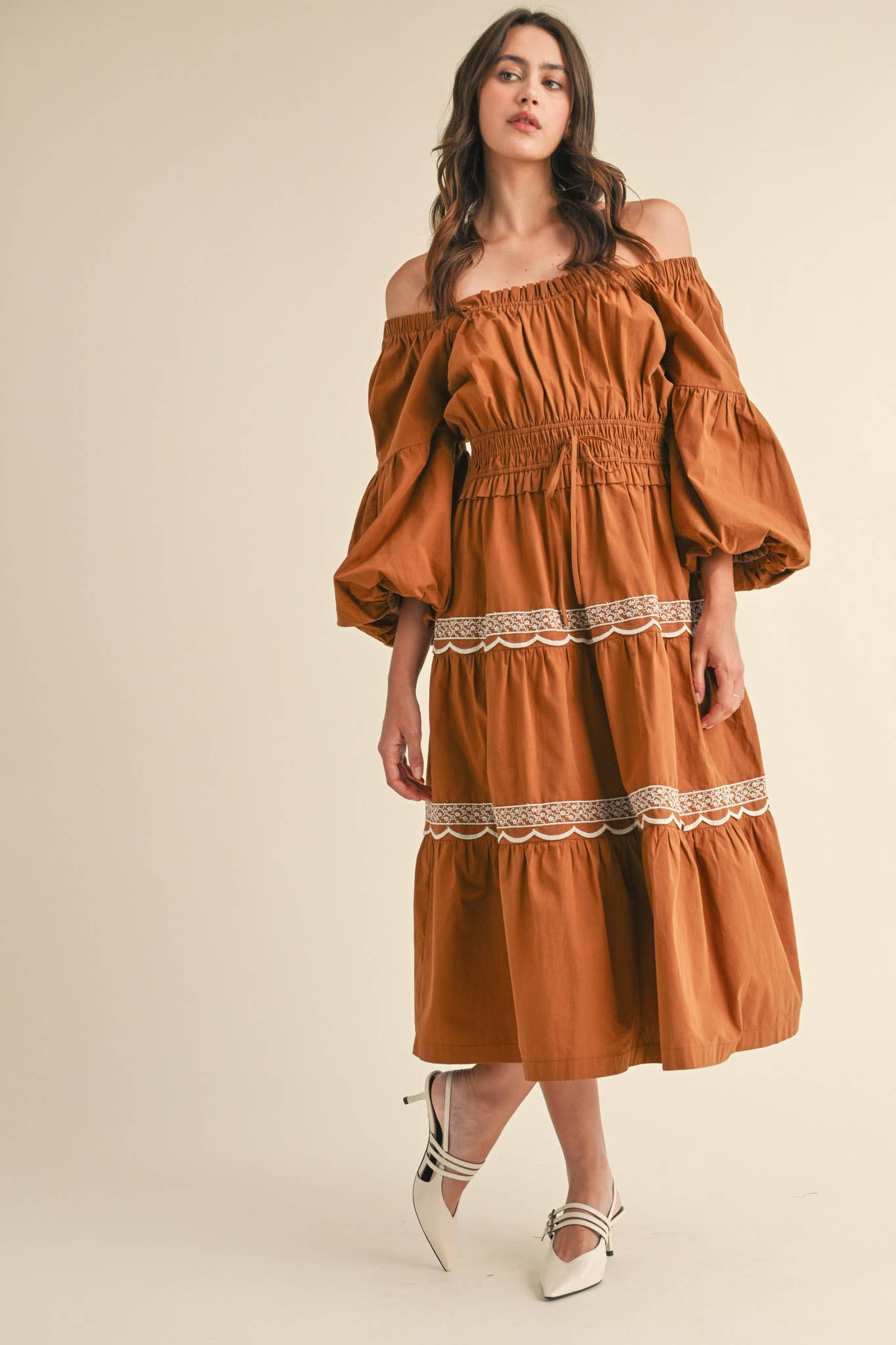 EMBROIDERED LACE TRIM MIDI DRESS RUST