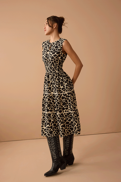 Giraffe Pattern Empire Waist Dress In Black