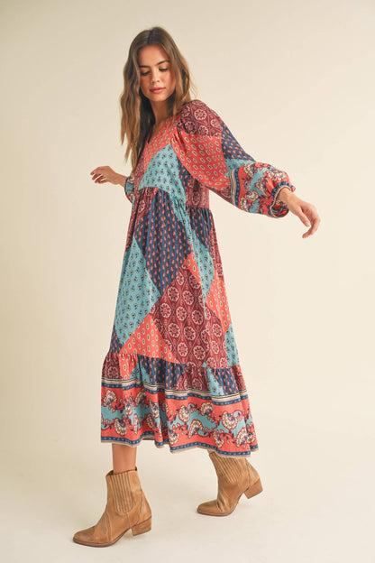 PATCHWORK PRINT BALLOON SLEEVE MIDI DRESS