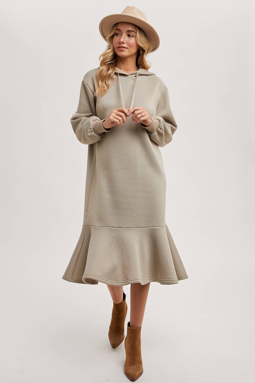 FLOUNCE HEM HOODIE SWEATSHIRT MIDI DRESS