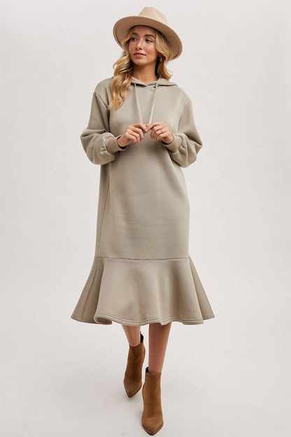 FLOUNCE HEM HOODIE SWEATSHIRT MIDI DRESS