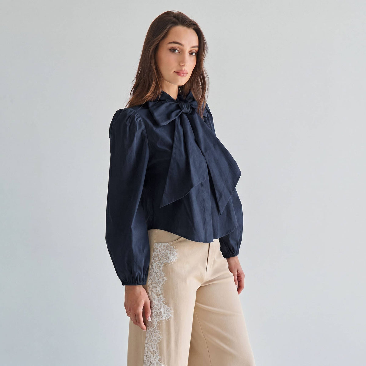Deep Navy Blue Bow Tie neck blouse